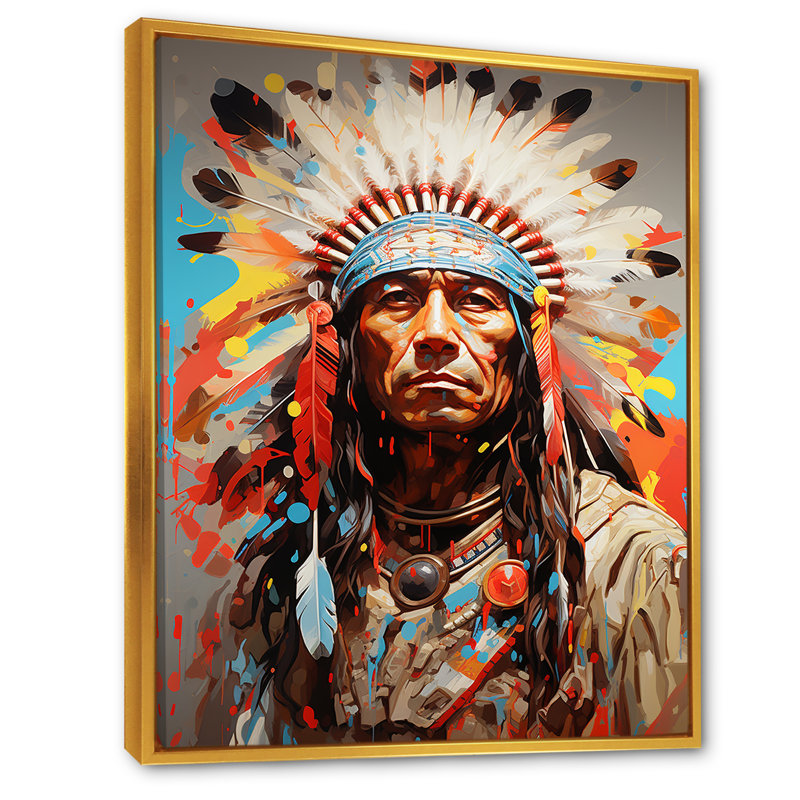 Native American Warrior Portrait - Art mural américain encadré, Cadre flottant doré, H 44 po x l 34 po x P 1,5 po