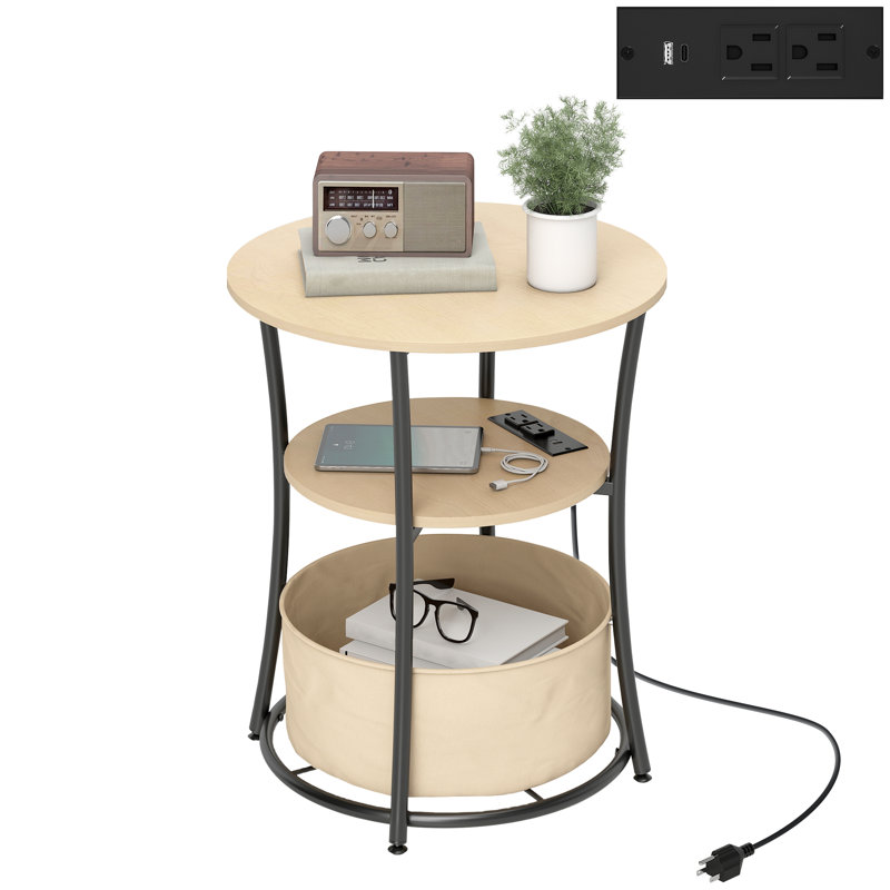 Table basse Table d'appoint ronde avec station de charge, table de bout à 3 niveaux avec sac de rangement en tissu et tablette, bois naturel