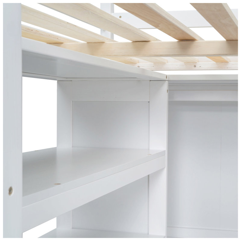 Lit mezzanine en bois massif avec garde-robe, bureau et tiroirs de rangement pleine grandeur Ellington