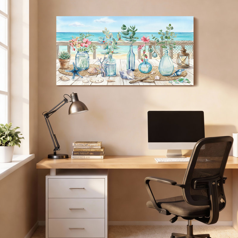 Tableau sur toile représentant une scène de plage avec des bouteilles en verre et des fleurs (lot de 1), 3216