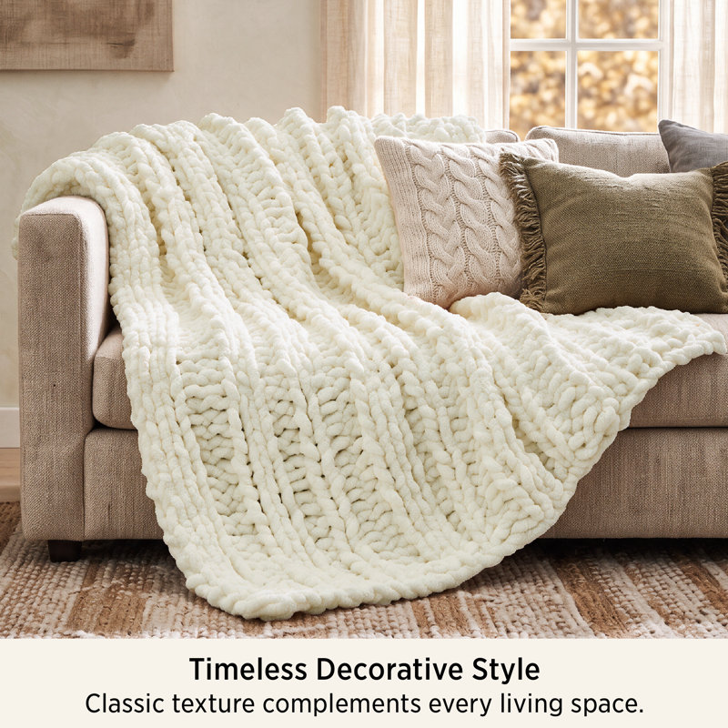 Bedsure Hand-Knit Chenille Chunky Throw Blanket, Cream White