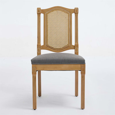 Full Solid Wood Rattan-Back Dining Chair, Matte Linen Cushion With High-Resilience Foam & S-Springs, Perfect For Rustic/Natural Style Dining Room, Caf