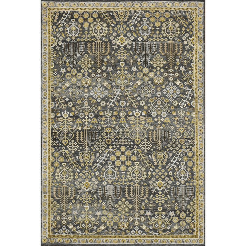 Tapis gris anthracite et doré de haute qualité noué à la main, Rectangle 6 pi x 9 pi