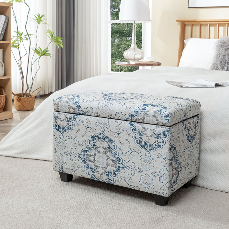 Banc de rangement rembourré en tissu Bacca, Bleu / blanc / géométrique