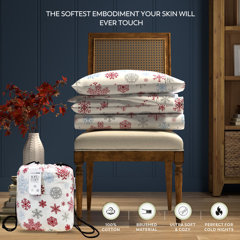White and Red Snowflake Cotton Flannel Queen Sheet Set