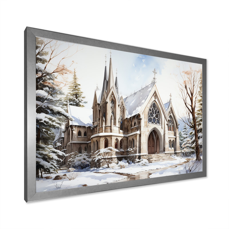 Chapelle de mariage blanche, aquarelle d'hiver rustique, H 12 po x l 20 po x P 1 po, Cadre simple argenté