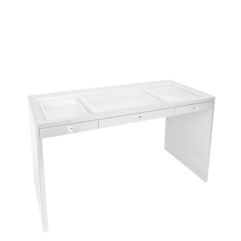 SlayStation Plus Premium Vanity Table with Clear View Glass Top, 3 Drawers with Diamond Style Knobs, White