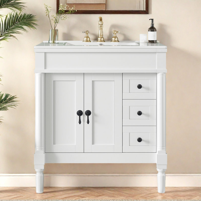 Bathroom Vanity With Ceramic Top, 3 Drawers And Soft Close Cabinet, 30", White