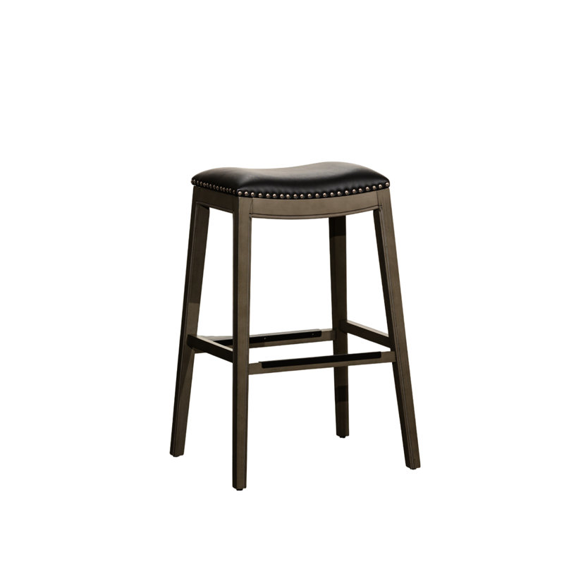 Weathered Gray 30" Bar Saddle Stool With Black Leather Seat - Offers A Comfortable And Stylish Seating Experience For Your Stool, Frame, Seat, Solid Hardwood Build, Elevates Decor