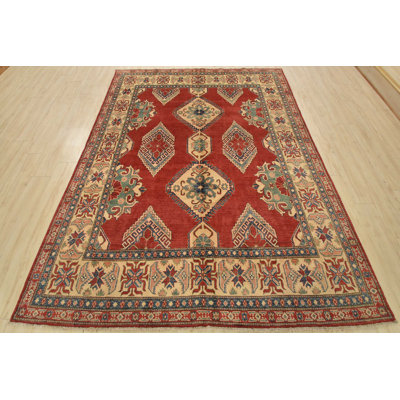 Tapis tribal rouge en laine noué à la main Kazak 7 pi x 9 pi 3 po Kazak