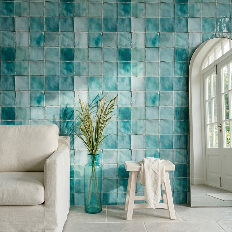 Papier peint carreaux de céramique sarcelle turquoise, Peler et coller