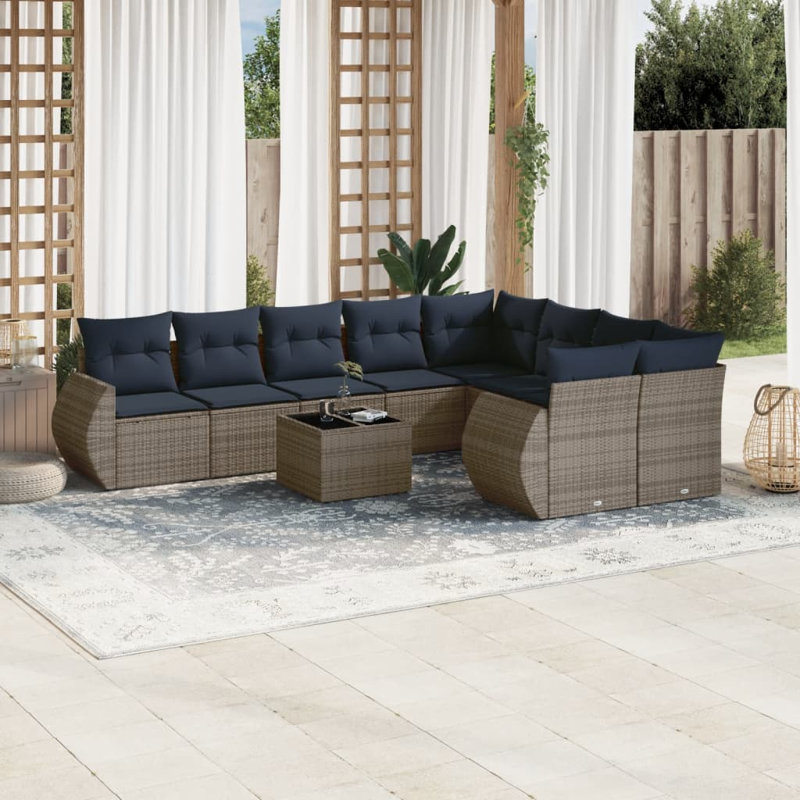 Ensemble de canapé de patio 10 pièces avec coussins en rotin de polyester, Bleu foncé, Gris