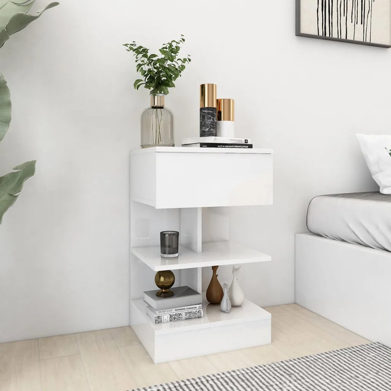 Gilliane Bedside Cabinet 40x35x65 cm Engineered Wood, Individual, High Gloss White, High Gloss White