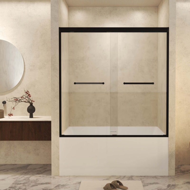 Tempered Glass With Explosion Proof Film, Aluminum Frame Double Sliding Shower Door, "1/4 (6 Mm), Stainless Steel Handle