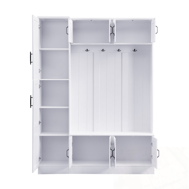 Hall Tree With Shoe Storage, 6 Cabinets, 4 Coat Hooks And Adjustable Shelf, White