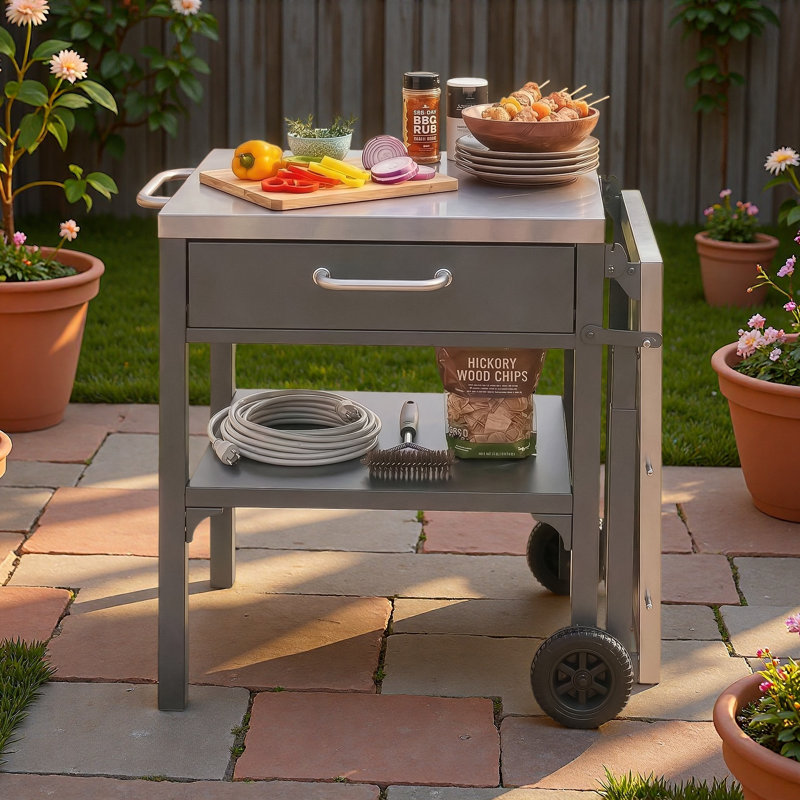 Chariot pour îlot de cuisine pour l'extérieur avec table d'appoint pliable, plan de travail en acier inoxydable, espace de rangement ouvert et crochets en métal