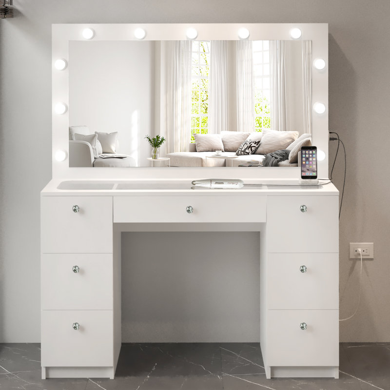 Boahaus Yara Large Lighted Makeup Vanity Desk with Big Mirror and Built-In Lights, White , Crystal Knobs