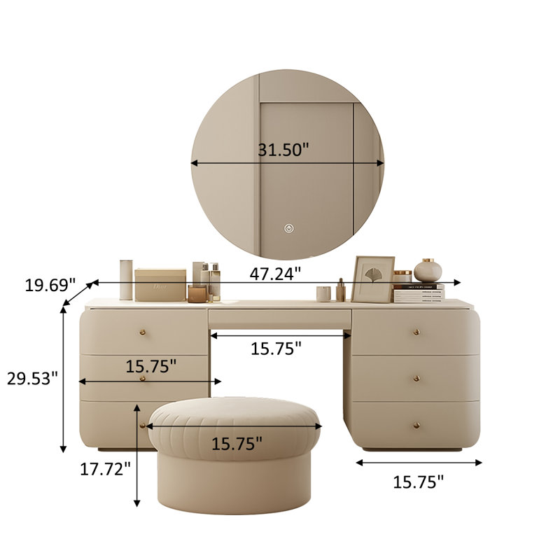 Ensemble coiffeuse blanche avec miroir lumineux à DEL, H 29,53 po x l 47,24 po x P 19,69 po