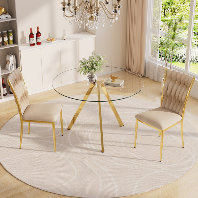 Ensemble de table de salle à manger en verre avec chaises rembourrées en velours, 3, Beige/or, Doré