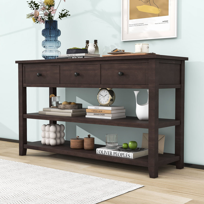 Console Gore Retro avec 3 tiroirs, 2 tablettes et une structure en bois massif pour le salon, Espresso