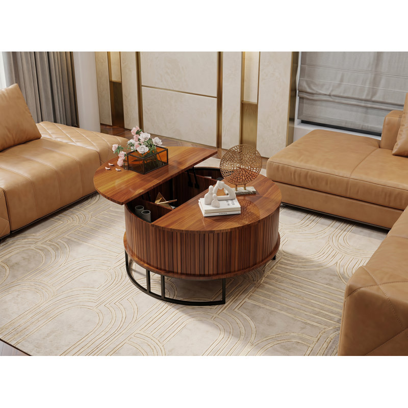 Table basse ronde de 31,5 po avec rangement, table centrale à plateau relevable cannelé, table courbée moderne à bascule pour salon