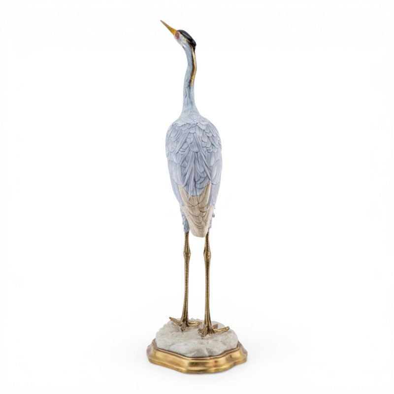 Luxury Porcelain Heron Sculpture with Bronze Rim Base