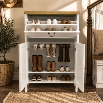 Shoe Cabinet with Flip Drawer, Boot Rack and 6 Boot Clips, Narrow Entryway Shoe Cabinet with Adjustable Shelf, Freestanding Shoe Organizer Cabinet for