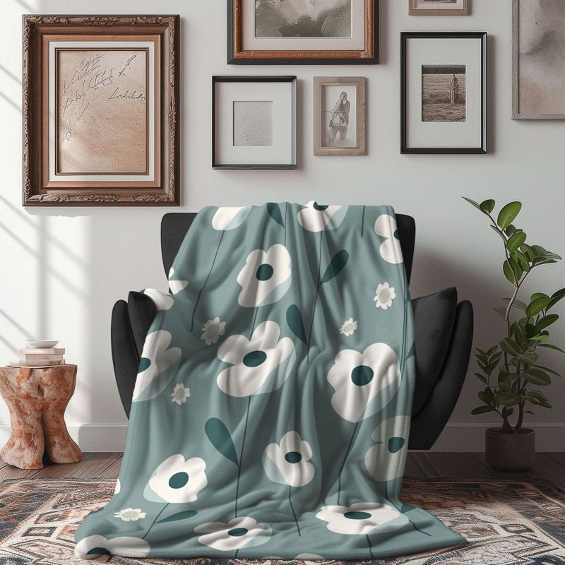 Doux motifs floraux de menthe douce - couverture en sherpa de qualité supérieure 1 pièce, Grand lit
