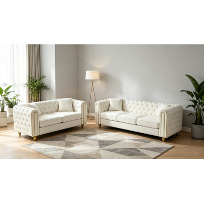 Chesterfield Velvet Sofa Set, Button Tufted Rolled Arm Couch With Gold Metal Legs, Luxury Upholstered Living Room Furniture Set
