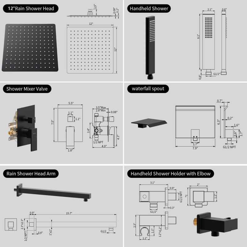 Male NPT Bathtub Shower Faucet Set, Waterfall Tub Faucet With 12Inch Matte Black Rain Shower Head System