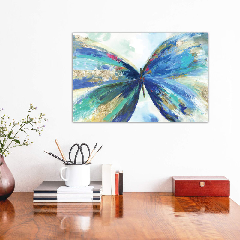 Blue Butterfly by Kelsey Hochstatter - Painting on Canvas, 30.48 cm H x 45.72 cm W, Wrapped Canvas