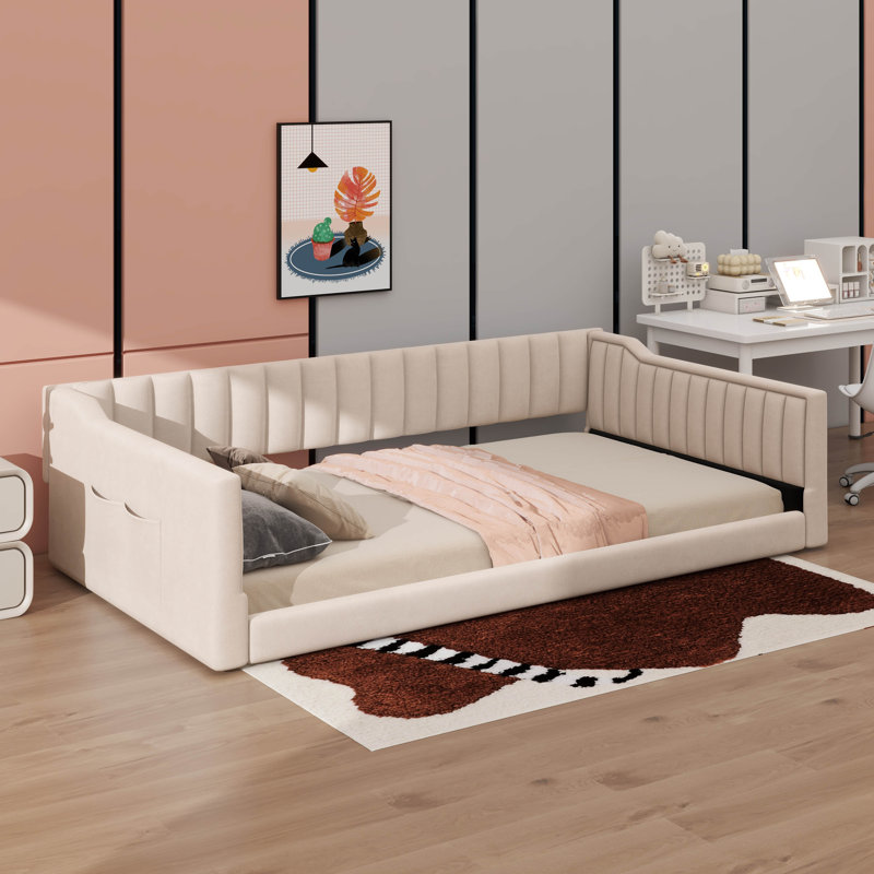 Upholstery Daybed And Side Storage Pocket, Full XL, Beige