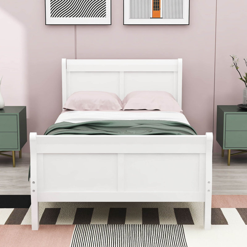 Dovidio Wood Platform Bed Frame with Headboard, White, Twin