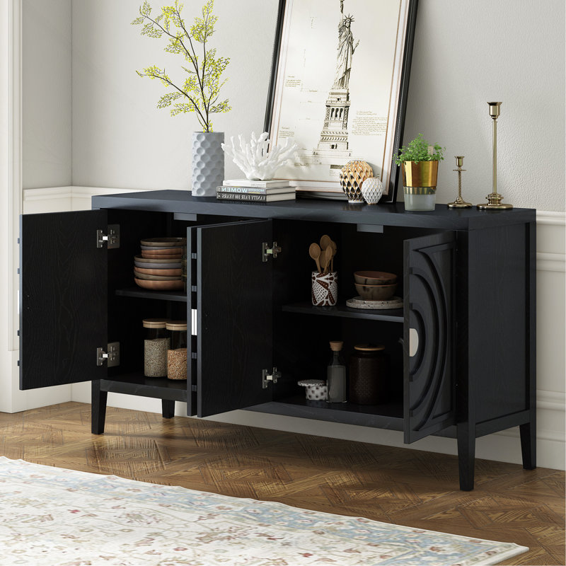 Sideboard Retro Door With Circular Groove Design Round Metal Door Handle For Entrance, Dining Room, Living Room, Black