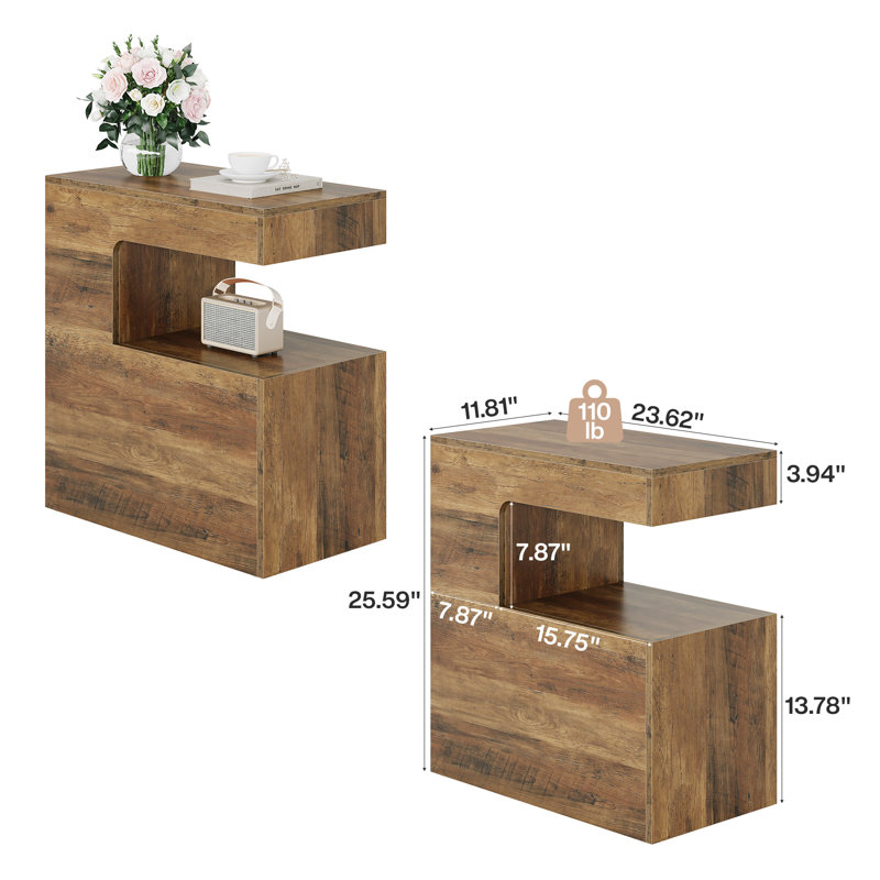C-Shaped End Table with 2-Tier Storage, Rustic Brown Sofa Side Table
