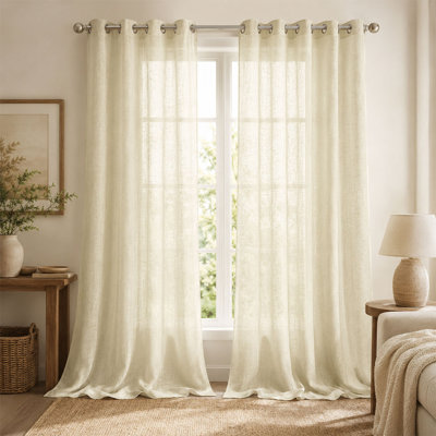 Heavyweight Faux Linen Sheer Curtain Panels Textured Slub Light Filtering Privacy Grommet Curtains for Farmhouse Living Room Warm Beige 55x84inch