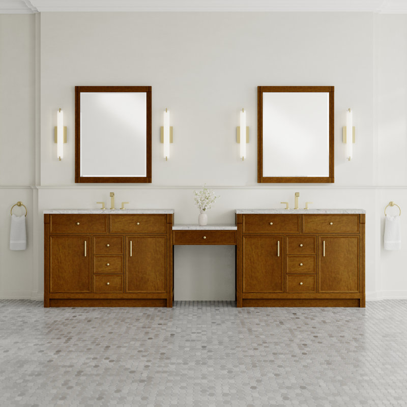 Bellshire 120" W Dual Vanity Set with 24" Make-Up Counter w/ FreePower Wireless Charger, Eternal Jasmine Pearl, Honey Oak