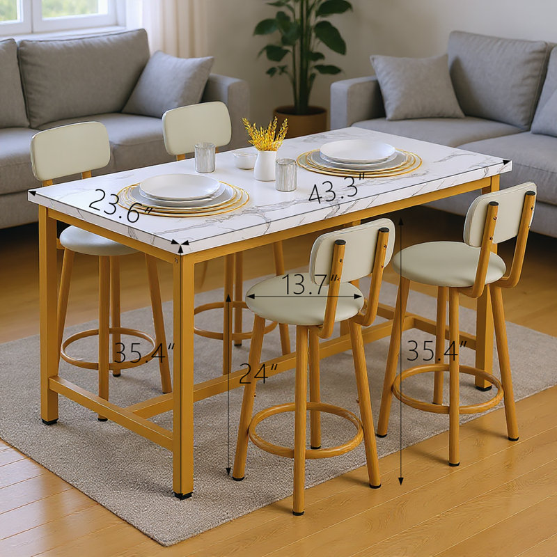 Industrial Bar Table Set with 4 PU Stools - Counter Height, Space-Saving 5-Piece Dining Set (43” L), White/Gold