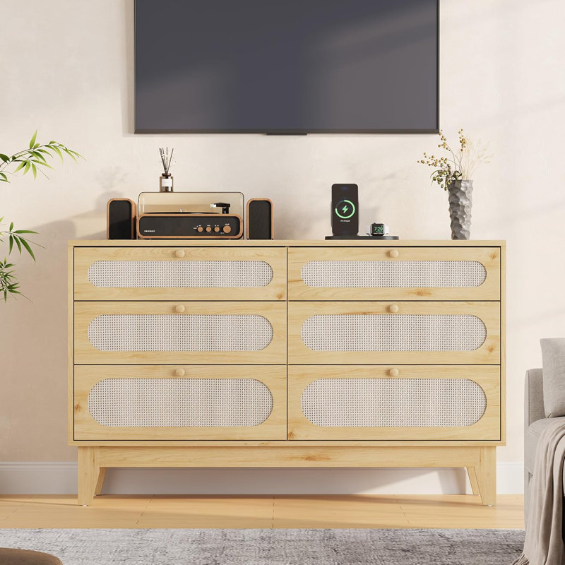 Rattan 6-Drawer Dresser with USB & Outlets, Wood Storage Chest for Bedroom