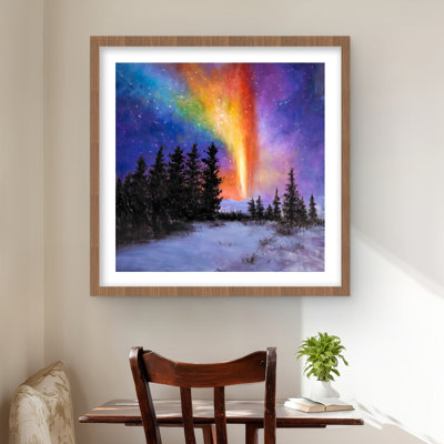 Aurora Borealis in the Forest - Snow Black Framed Print