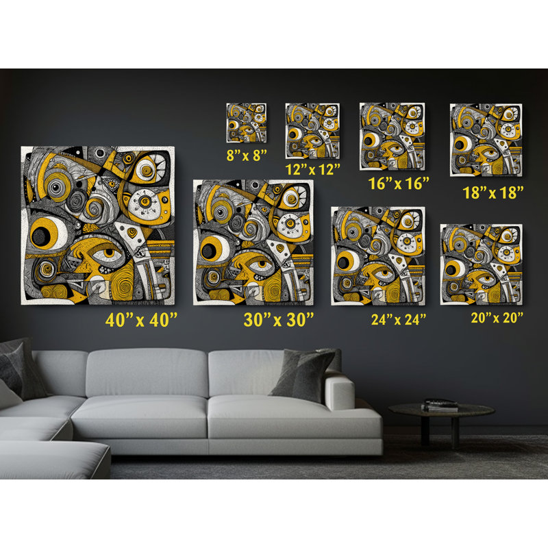 Œillets abstraits sur toile jaune et noir, art mural surréel moderne, œuvre d'art encadrée, 30 po x 30 po