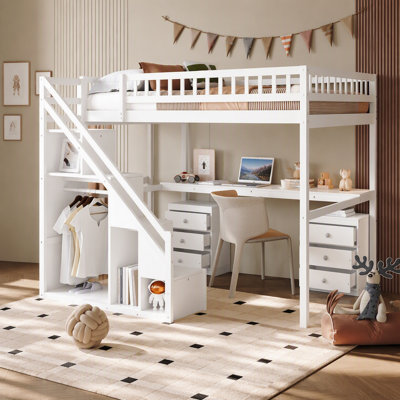 Lit mezzanine double avec commode, deux tiroirs, bureau et bande lumineuse, blanc