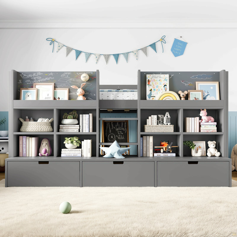 Lit mezzanine simple avec tablettes et rangements multiples, Gris, Lit simple