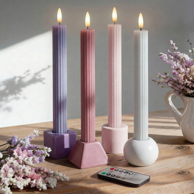 WYZworks Coordinated Dusty Mauve Pinkish Lilac 4 Pack Set, 10" LED Flameless Fluted Ribbed Grooved Taper Candles, Remote & Timer Memory, On/Off Button, Dimmable, Battery Operated, Wedding