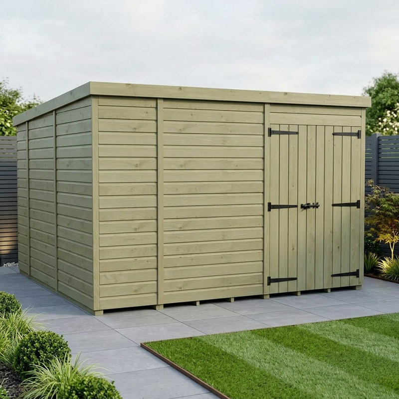 Total Sheds 10ft x 10ft Pent Garden Shed - Double Door - No Windows - Pressure Treated Timber - UK Manufactured