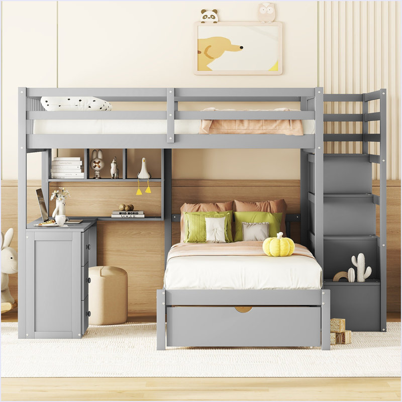 Lit superposé double au-dessus de simple avec bureau, tiroirs et tablettes, Gris