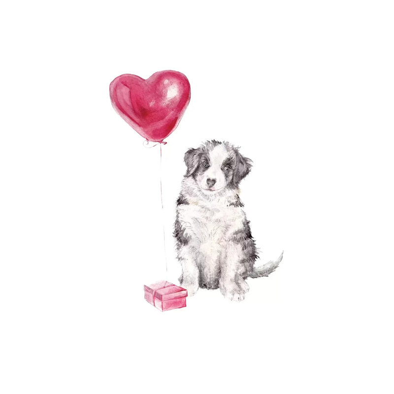 Happy Dog With Gift And Balloon by Wandering Laur - Wrapped Canvas Painting, 20.32 cm H x 30.48 cm W