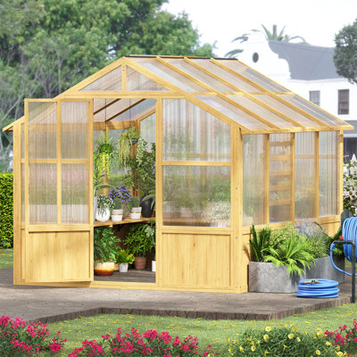 Outdoor Wooden Greenhouse with Polycarbonate Panels & Lockable Door 8x8 FT