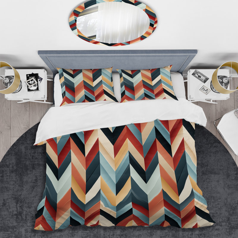 Ensemble de housse de couette en microfibre à chevrons géométriques rouge clair et bleu orange / bleu sarcelle