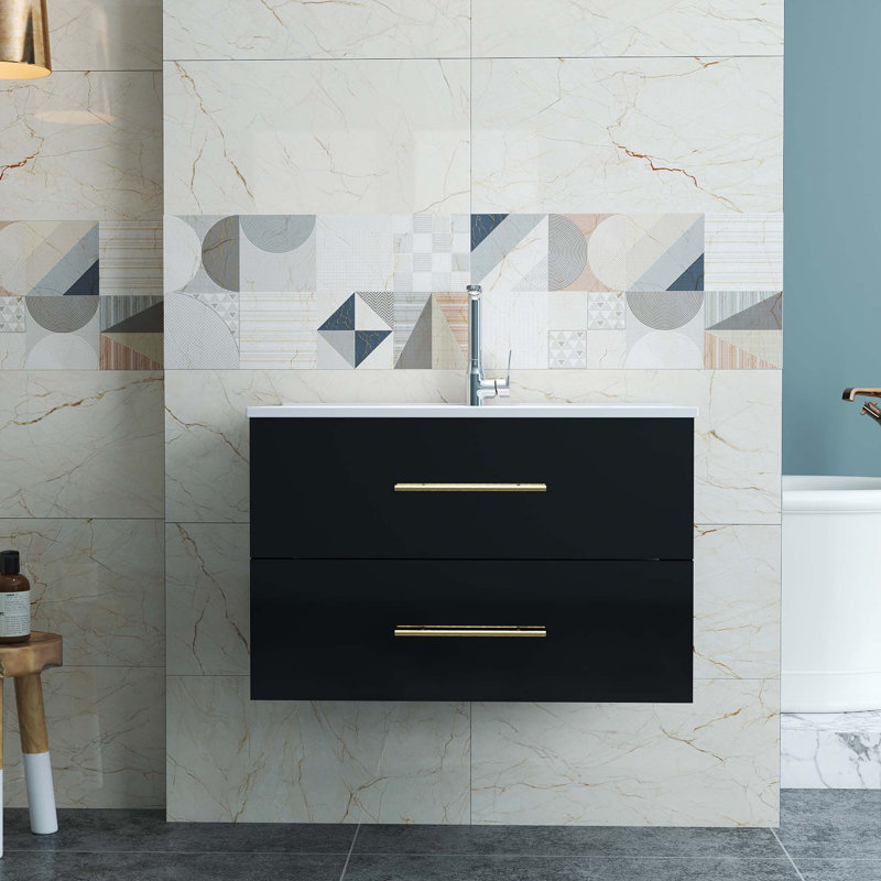 Meuble-lavabo mural brillant avec miroir, Noir, Doré, 30"
